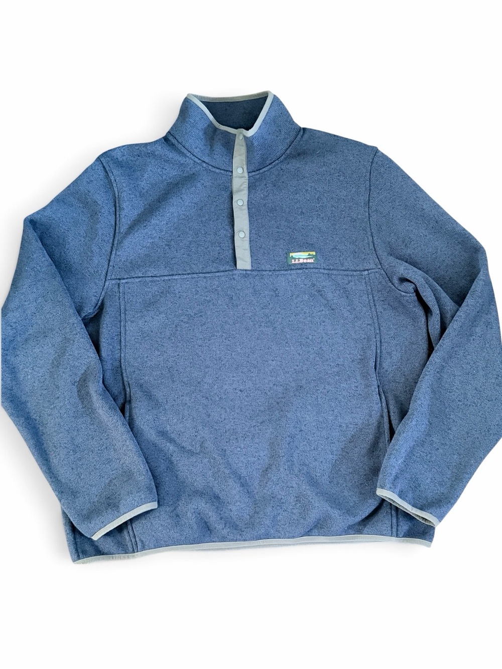 LL Bean Pullover Snap Button Navy Blue Sweater Fleece Slightly Fitted Mens Sz L